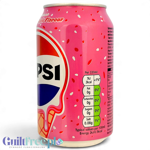 Puszka napoju Guiltfree Pepsi Raspberry Ripple Zero Sugar w kolorze różowym z grafiką lodów w wafelku