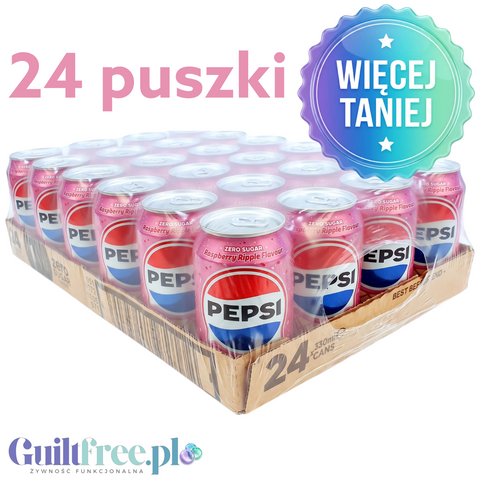 Zgrzewka 24 puszek napoju Pepsi Raspberry Ripple Zero Sugar o smaku malinowo-waniliowym od Guiltfree