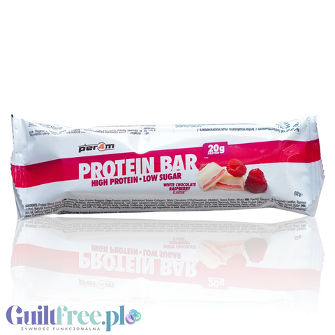 Baton proteinowy Guiltfree Per4m o smaku białej czekolady i malin w białym opakowaniu z grafiką owoców