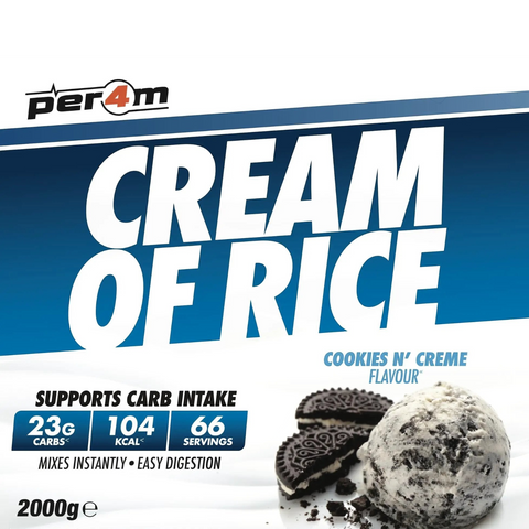 Opakowanie Guiltfree Per4m Cream of Rice o smaku ciasteczkowym, 2kg kleiku ryżowego z grafiką ciastek i lodów.