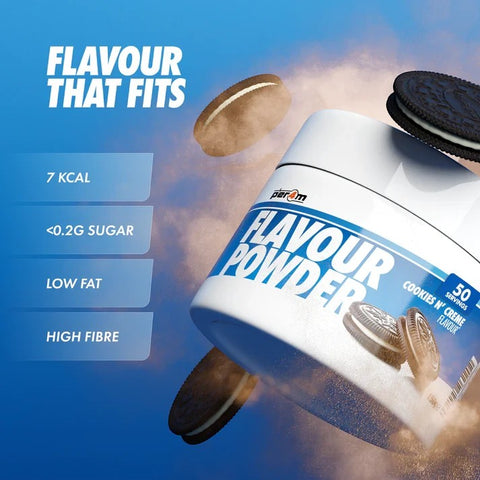 Guiltfree Per4m Flavour Powder Cookies N' Creme w białym opakowaniu z grafiką ciasteczek na niebieskim tle