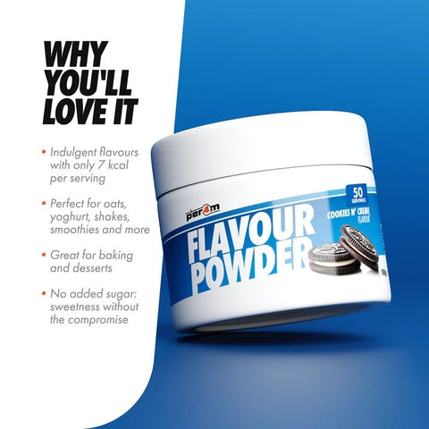 Guiltfree Per4m Flavour Powder Cookies N' Creme w białym słoiczku z niebieską etykietą i grafiką ciastek
