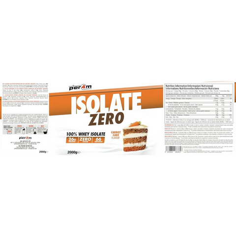 Opakowanie Guiltfree Per4m Isolate Zero o smaku ciasta marchewkowego z grafiką apetycznego wypieku i tabelą wartości