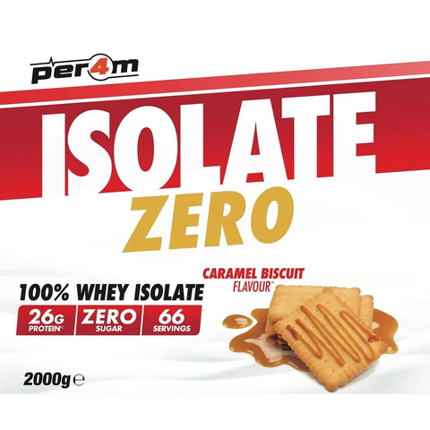 Opakowanie Guiltfree Per4m Isolate Zero o smaku karmelizowanych herbatników z grafiką ciastek i płynnego karmelu.