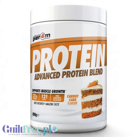Guiltfree Per4m Advanced Protein Blend o smaku ciasta marchewkowego w opakowaniu 800g z grafiką kawałka ciasta.
