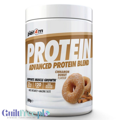 Guiltfree Per4m Advanced Protein Blend o smaku cynamonowego donuta w białym opakowaniu 800g