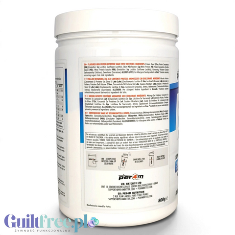 Guiltfree Per4m Advanced Protein Blend Vanilla Creme 800g w białym opakowaniu z informacjami o składzie i dawkowaniu