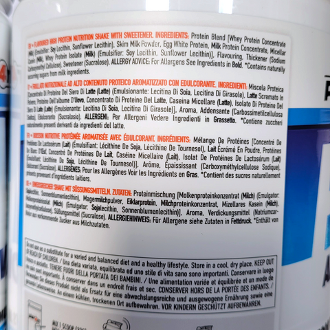 Etykieta odżywki białkowej Guiltfree Per4m Advanced Protein Blend z informacjami o składzie i przygotowaniu