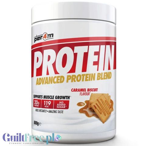 Opakowanie Guiltfree Per4m Advanced Protein Blend o smaku karmelizowanego herbatnika, 800g odżywki białkowej.