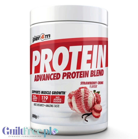 Odżywka białkowa Guiltfree Per4m Advanced Protein Blend o smaku kremu truskawkowego w białym opakowaniu 800g