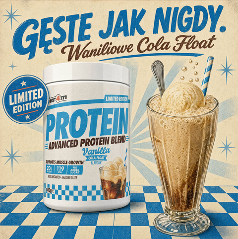 Opakowanie odżywki białkowej Guiltfree Per4m Vanilla Cola Float obok szklanki z deserem typu cola float w stylu retro.