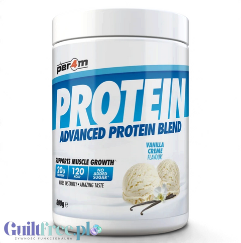 Guiltfree Per4m Advanced Protein Blend Vanilla Creme w białym opakowaniu 800g z grafiką lodów waniliowych