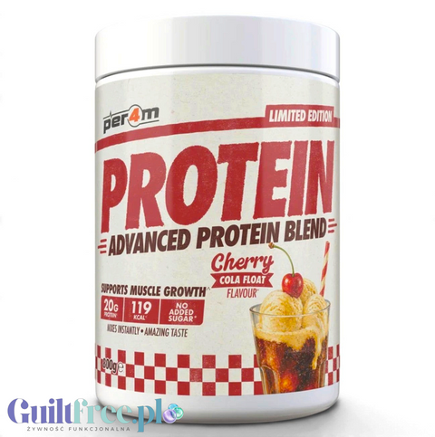 Opakowanie Guiltfree Per4m Advanced Protein Blend o smaku Cherry Cola Float z grafiką lodowego deseru.