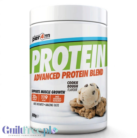 Guiltfree Per4m Advanced Protein Blend o smaku Cookie Dough w opakowaniu 800g z grafiką ciasteczek i lodów