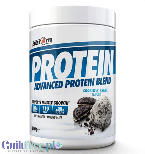 Guiltfree Per4m Protein Advanced Protein Blend Cookies N' Creme w białym opakowaniu 800g z grafiką ciasteczek i lodów