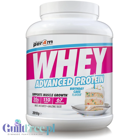 Duże opakowanie odżywki białkowej Guiltfree Per4M Whey Advanced Protein o smaku tortu urodzinowego w białym słoiku