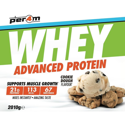Opakowanie odżywki białkowej Guiltfree Per4m Whey Advanced Protein o smaku ciasteczkowym z grafiką lodów i ciastek.