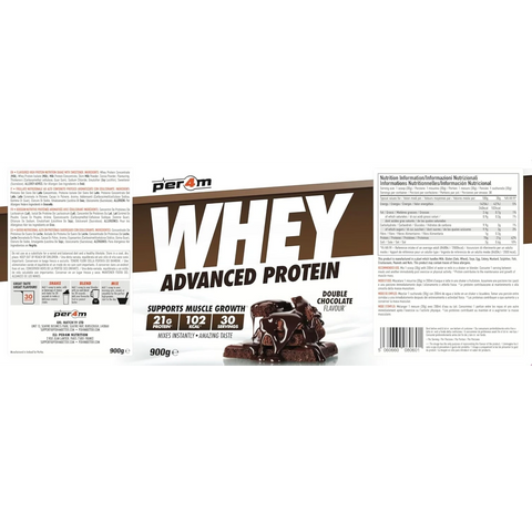 Opakowanie odżywki białkowej Guiltfree Per4m Whey Advanced Protein o smaku podwójnej czekolady, 900g.