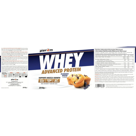 Opakowanie odżywki białkowej Guiltfree Per4m Whey Advanced Protein o smaku borówkowej babeczki z grafiką muffinów