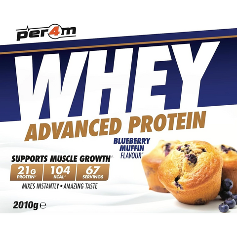 Opakowanie odżywki białkowej Guiltfree Per4m Whey Advanced Protein o smaku babeczki borówkowej z grafiką muffinów