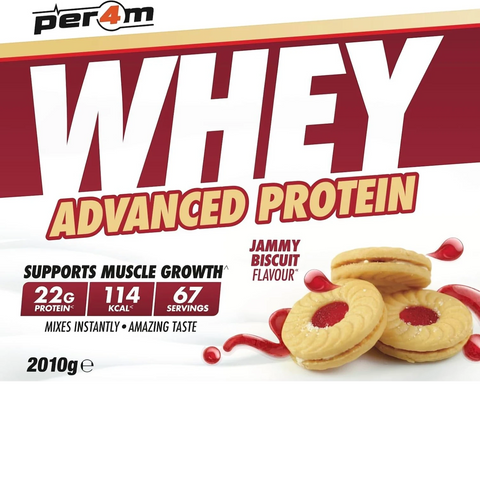 Opakowanie odżywki białkowej Guiltfree Per4m Whey Advanced Protein o smaku ciasteczek z dżemem, 2010g