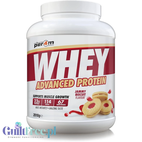 Duże opakowanie odżywki białkowej Guiltfree Per4M Whey Advanced Protein o smaku ciasteczek z dżemem Jammy Biscuit.