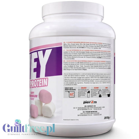 Duże opakowanie odżywki białkowej Guiltfree Per4m Whey Advanced o smaku pianek marshmallow z grafiką słodkich pianek