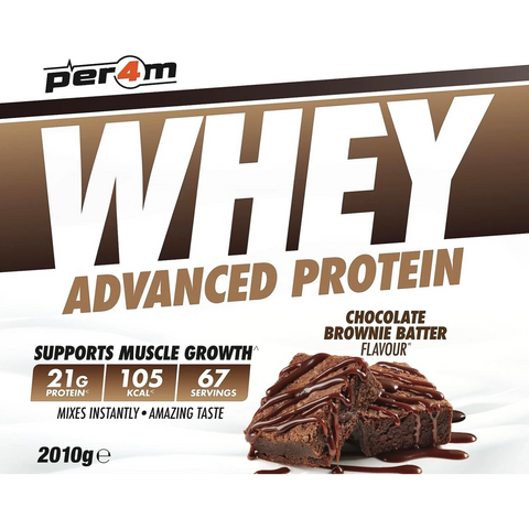 Opakowanie odżywki białkowej Guiltfree Per4M Whey Advanced Protein o smaku ciasta czekoladowego brownie 2010g