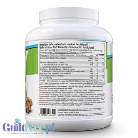 Opakowanie Guiltfree Per4M Whey Advanced Protein o smaku Cookie Dough z widoczną tabelą wartości odżywczych na etykiecie