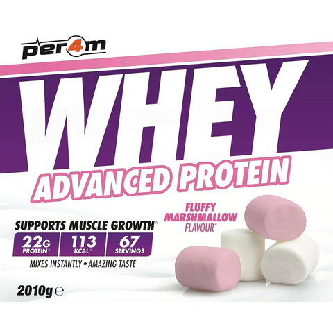 Opakowanie odżywki białkowej Guiltfree Per4M Whey Advanced Protein o smaku pianek marshmallow, 2010g.