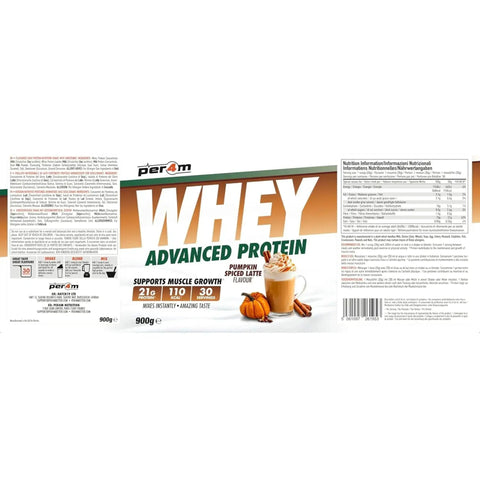 Opakowanie odżywki białkowej Guiltfree Per4m Whey Advanced Protein o smaku Pumpkin Spiced Latte z grafiką dyni i kawy