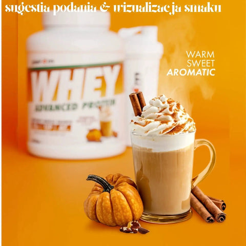 Odżywka białkowa Guiltfree Per4m Whey Advanced Protein o smaku Pumpkin Spiced Latte z aromatycznym napojem i dynią