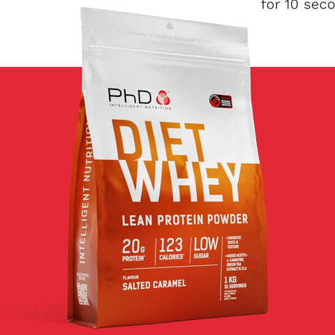 Opakowanie odżywki białkowej Guiltfree PhD Diet Whey o smaku solonego karmelu z informacją o 20g białka w porcji.