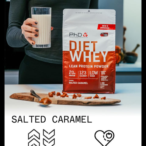 Guiltfree odżywka białkowa PhD Diet Whey o smaku solonego karmelu w opakowaniu 1kg z szklanką szejka proteinowego