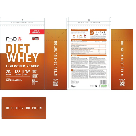 Opakowanie odżywki białkowej Guiltfree PhD Diet Whey o smaku solonego karmelu z informacjami o składzie i wartościach