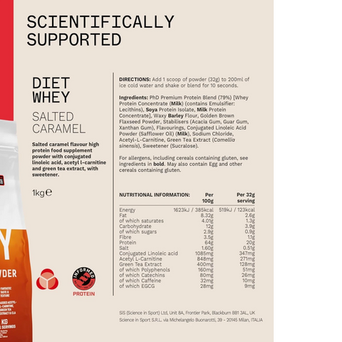 Opakowanie odżywki białkowej Guiltfree PhD Diet Whey o smaku solonego karmelu z informacjami o składzie i wartościach
