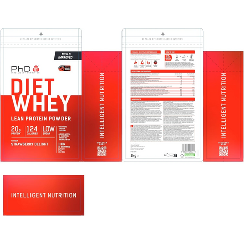 Opakowanie Guiltfree PhD Diet Whey o smaku truskawkowym, wysokobiałkowa odżywka z CLA i L-karnityną, 1kg