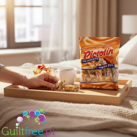 Guiltfree Pictolin Caramels de Dulce de Leche bez cukru na drewnianej tacy z kawą i owocami w jasnym wnętrzu