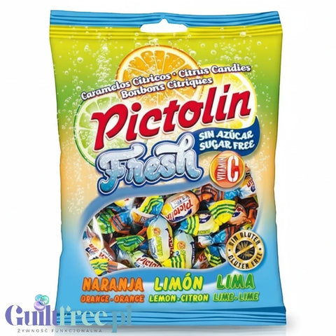 Opakowanie Guiltfree Pictolin Fresh, landrynki bez cukru o smakach cytryny, pomarańczy i limonki z witaminą C.