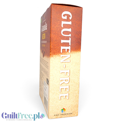 Pudełko Guiltfree Pięć Przemian keto granoli czekoladowej bezglutenowej z widocznym napisem Gluten-Free na boku opakowania
