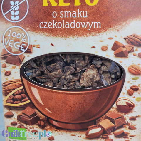 Opakowanie Guiltfree Pięć Przemian keto granoli czekoladowej z widocznymi orzechami, nasionami i kawałkami kakao.