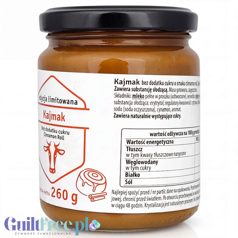 Słoik kajmaku Polder Cinnamon Roll bez cukru z erytrolem, z etykietą zawierającą skład i wartości odżywcze.