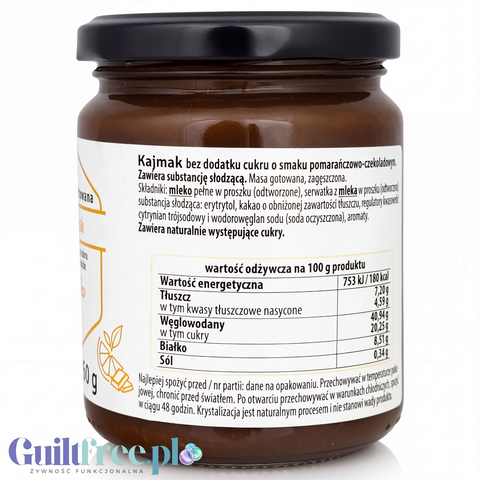 Słoik kajmaku Guiltfree Polder o smaku czekoladowo-pomarańczowym bez cukru z widoczną etykietą i wartościami odżywczymi.