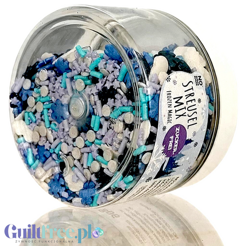 Guiltfree NO SUGAR SUGAR Streuselmix Frozen Magic w przezroczystym słoiczku z niebiesko-białymi dekoracjami cukierniczymi