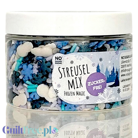 Guiltfree NO SUGAR SUGAR Streuselmix Frozen Magic w słoiczku z zimowymi kształtami płatków śniegu w odcieniach błękitu
