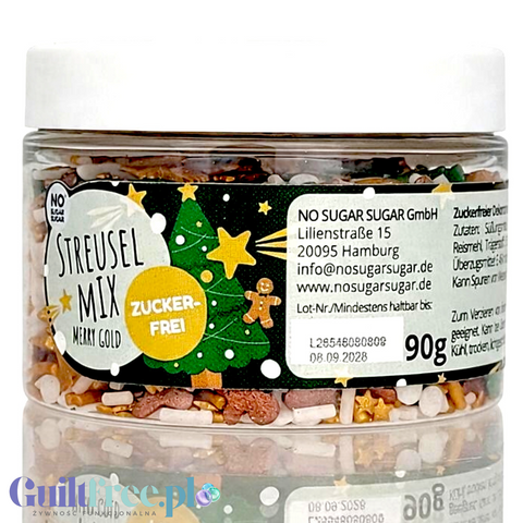 Słoik posypki cukierniczej Guiltfree NO SUGAR SUGAR Merry Gold z motywem świątecznym, bez dodatku cukru.