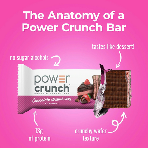 Wafelek proteinowy Guiltfree Power Crunch o smaku czekoladowo-truskawkowym z widocznym nadzieniem i opisem zalet