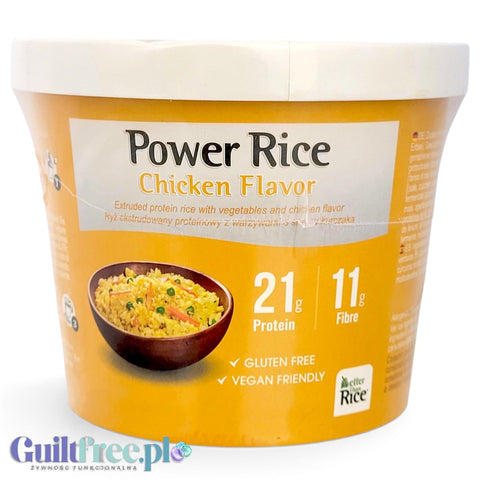 Wegańskie danie instant Guiltfree Power Rice o smaku kurczaka z warzywami w wygodnym kubku, bogate w białko i błonnik.