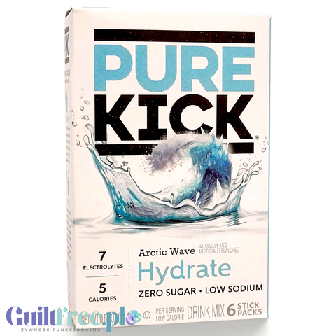 Opakowanie Guiltfree Pure Kick Hydrate Arctic Wave, napój elektrolitowy w proszku bez cukru o smaku blue raspberry.