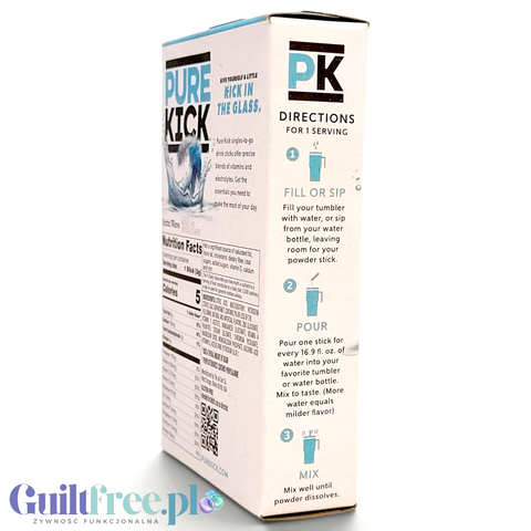 Opakowanie Guiltfree Pure Kick Hydrate Arctic Wave z instrukcją przygotowania napoju elektrolitowego w saszetkach